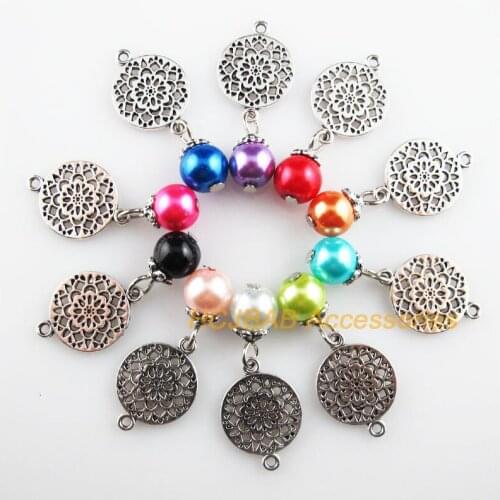 20Pcs Tibetan Silver Round Flower Mixed Glass Beads Charms Pendants 14x32mm