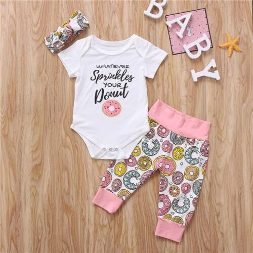 2019 Newborn Infant Baby Girls Donuts Floral Romper Long Pants Outfits Clothes