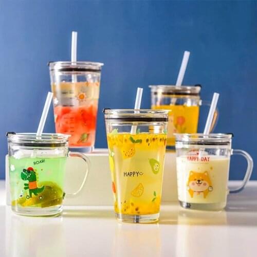 350ML/450ML Straw Cup Leak Prevention Cartoon Animals Childrens Drink Mug Student Glass Milk Bottle Kid Gift