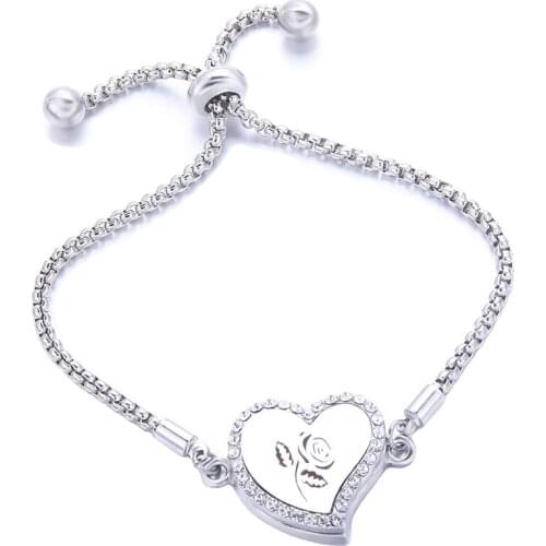 Rose Flower Heart Shaped Rhinestone Fine Locket Bracelet Stainless Steel Adjustable Perfume Aromatherapy Oil Diffuser Jewelry