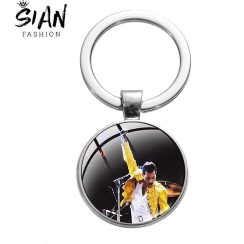 SIAN Newest Freddie Mercury Band Photo Keychain Queen Band Rock Singer Art Glass Dome Alloy Pendant Key Ring Fans Car Key Holder