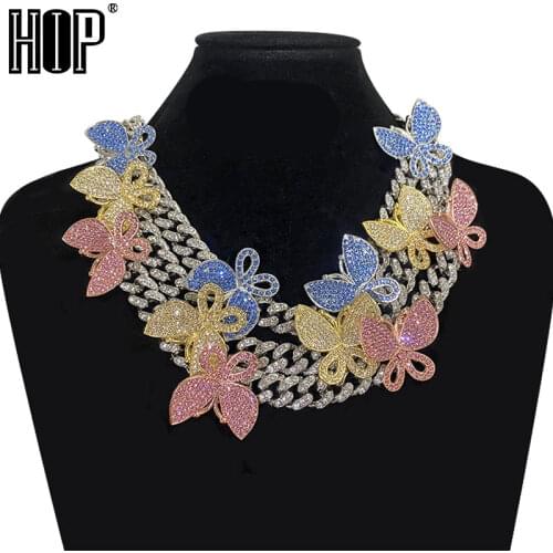 Hip Hop Iced Out Paved Rhinestones 12MM Full Miami Curb Cuban Chain With Butterfly Necklaces For Men Jewelry