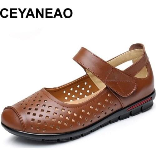 CEYANEAO Spring And Summer 2018 Fashion Women Loafers Cutout Woman Genuine Leather Soft Casual Flat Shoes Women FlatsE1074