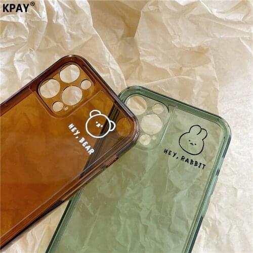 KPAY Bear Rabbit Couple Phone Case For iPhone 11 12 Pro Max Mini 7 8 Plus XR X XS Transparent Simple Shockproof Soft Case Cover