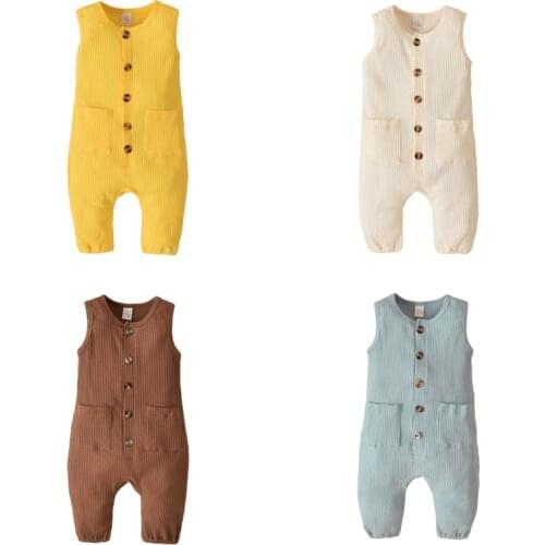 Baby Summer Solid Rompers Toddler Newborn Infant Boy Girls Sleeveless Button Pocket Knitted Romper Jumpsuits Overalls Long Pants