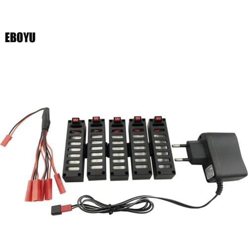 EBOYU 5pcs 3.7V 600mAh Lipo Battery & 1 to 5 Battery Balance Charger Cable & Charger Plug for JY018 RC Quadcopter Drone