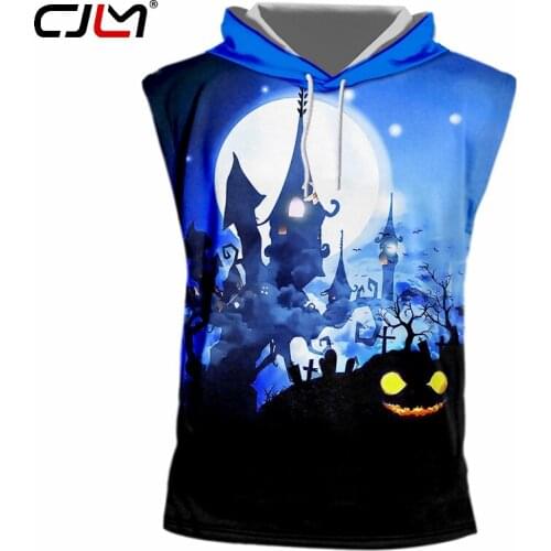 CJLM Halloween Creative Man Spandex Hooded Tank Top 3D Cat And Castle Printed Hip Hop TankTop Mens Animal Big Size 5XL