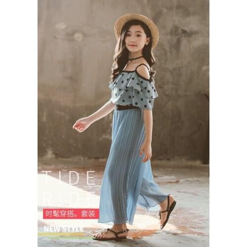 Girls' sling suit summer hot-selling middle-aged childrens western style polka dot chiffon wide leg pants Korean two-piece suit