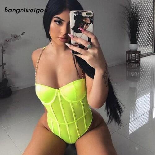 Bangniweigou Summer Metal Chain Neon Green Pink Mesh Bodysuit Sexy Backless One-Piece Suit See Through Skinny Rompers Bodysuits