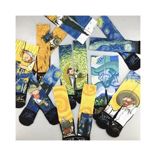 Van Gogh starry sky oil painting socks retro illustration sunflower starry night socks trend versatile basketball socks