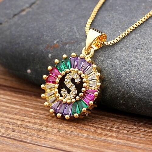 Female Elegant Round Copper Cubic Zircon Rainbow Letter Necklaces Pendants Charm Gold Chain Choker Necklaces For Women Jewelry