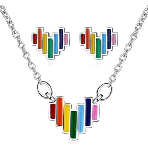 Tiny Colorful Epoxy Resin Heart Pendants Chain Necklace & Stud Earrings Fashion Party Jewelry Set Gifts for Women Girls