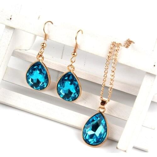 1 set Rose Gold Water drop Pendant Necklace & earrings Fashion Jewelry Lake blue