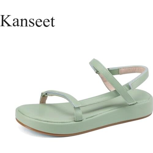Kanseet Concise Flats Women Shoes Summer 2021 Open-Toed Narrow Band Handmade Round Toe Flat Comfort Casual Female Sandals Green