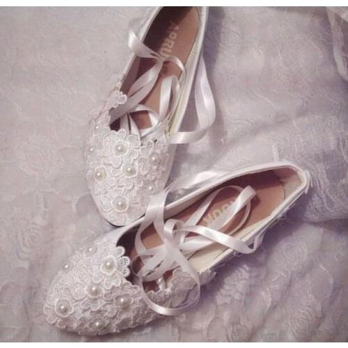 Ivory wedding shoes woman fashion romantic handmade lace flowers satin riband straps brides wedding flats plus size 41 42 43
