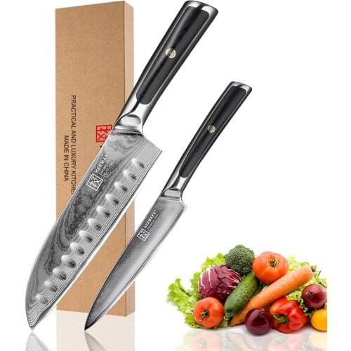 KEEMAKE Damascus Santoku Utility Knife 73 Layers Damascus Steel Knives Japanese VG10 Core Blade Cutter Kitchen Knife G10 Handle