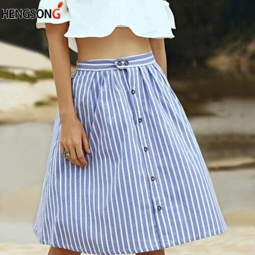 High Waist Single-Breasted Skirt Blue Striped A-Line Womens Skirts New Arrival Summer Cute Casual Knee-Length Casual Skirts