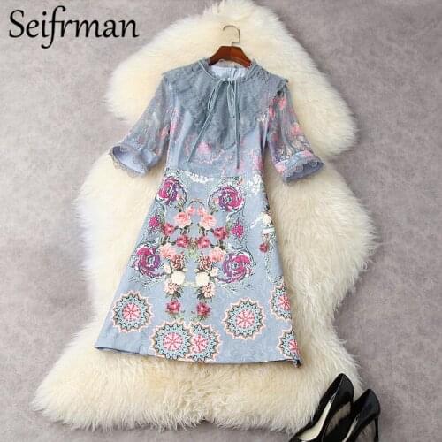 Seifrmann New 2021 Summer Women Fashion Runway Designer Short Dress Half Sleeve Lace Bow Floral Printed Elegant A-Line Dress