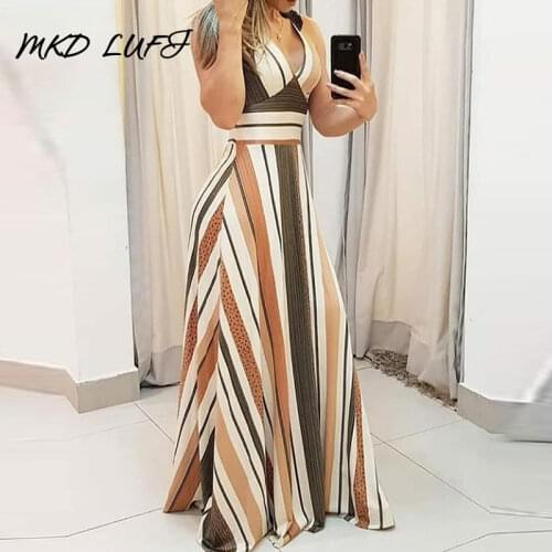 Women Striped Colorblock Plunge Maxi Dress