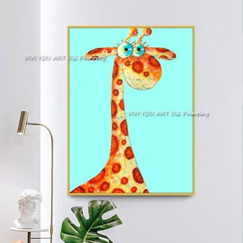Animal large size 100% handmade light blue yellow painting drawing Colored giraffe Oil painting paints wall decoration unframe