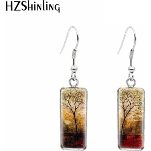 2020 Rectangle Tree of Life Printing French Hook Earrings Glass Cabochon Tree Life Earrings