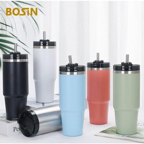 Car Ice Tyrant Cup Stainless Steel Bottle With Straw Double-Layer Insulation And Cold Milk Tea Coffee Drink Flask