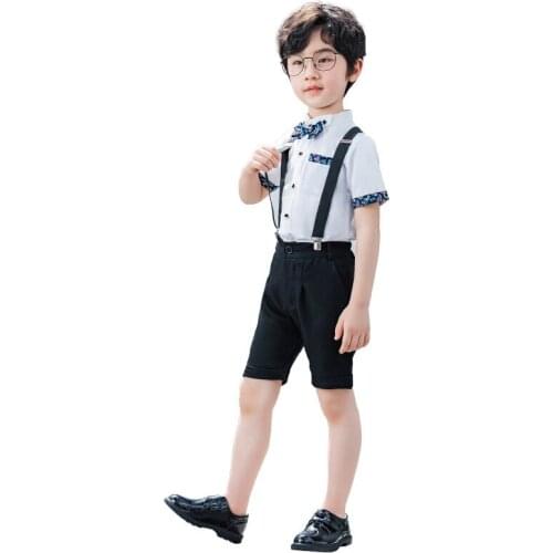 Boys Girls Summer Shirt +Short +Suspender+Bowtie Suit Gentleman Kids School Performance Dress Children Graduation Clothing Set