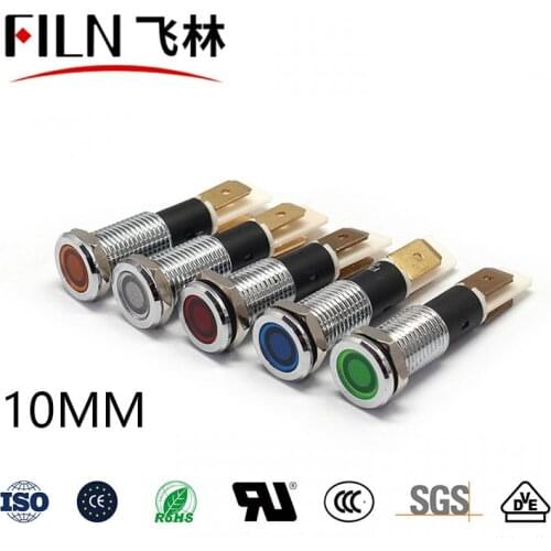 FILN YUEQING 10mm 12v 24v 110v 220v flat head led signal light metal pilot lamp with soldering pin