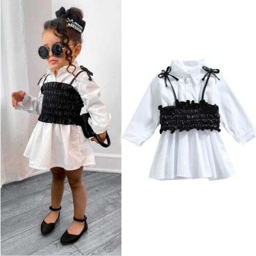 Fashion Autumn Girls Clothes Long Sleeve White Shirt Dress and Camisole Solid Color Lapel Shirt Dress with Leather Belt Vest