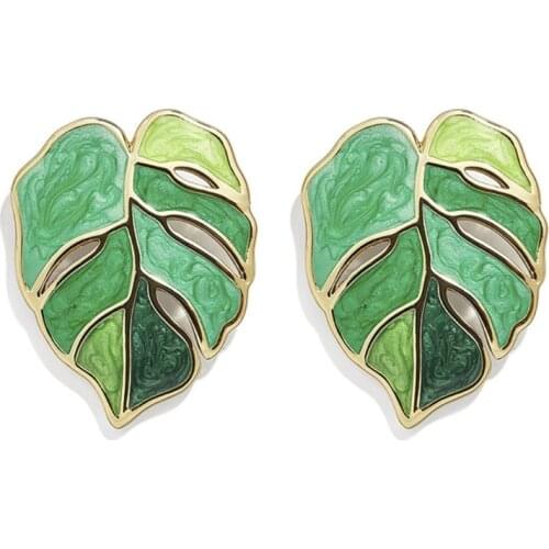 Fashion Flower Leafs Earrings Female Enamel Green Plant Statement Drop Earrings F3MF