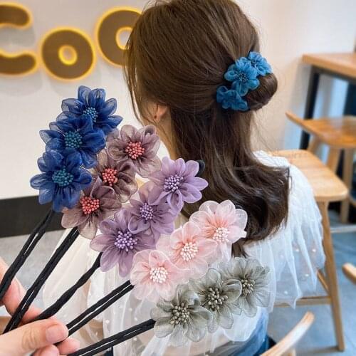 Fashion Women Three Flowers Donut Bun Maker Big Pearls Ribbon DIY Hair Style Making Tools Korean Style Hair Curler Accessories