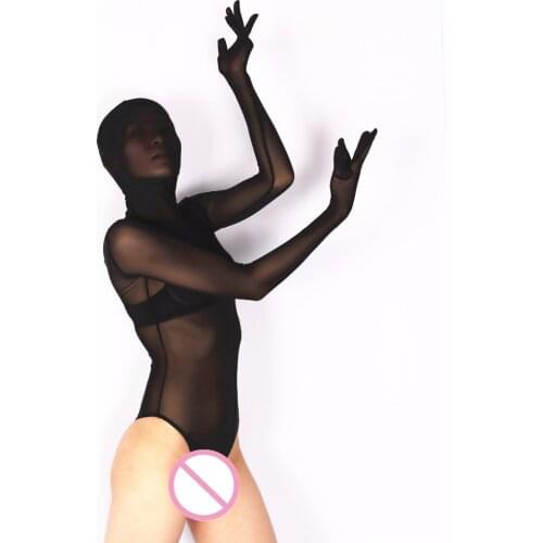 MS016) Women sexy high elastic lycra grenadine half perspective catsuit female fetish zentai tights