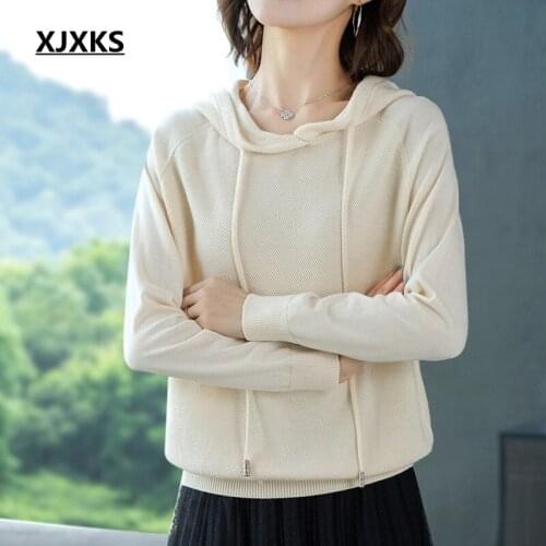 XJXKS New 2020 Knit Hooded Solid Lady Pullovers Sweater Women Spring And Autumn Clothes Women Sweaters And Pullovers