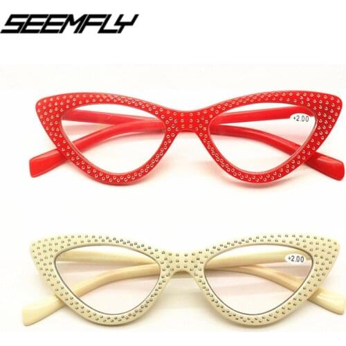 Seemfly 2021 Diamond Ladies Elegant Cat Eye Reading Glasses Resin Lenses Women Presbyopic Eyewear Hyperopia Eyeglasses For Elder