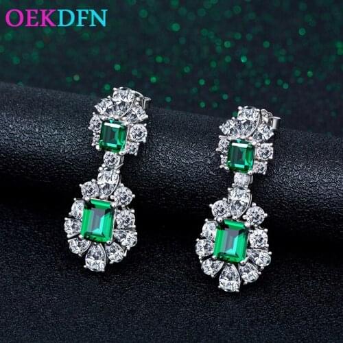 OEKDFN Vintage 100% 925 Sterling Silver Drop Earrings For Women High Carbon Emerald Gemstone Wedding Jewelry Dangle Earrings