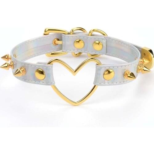 Handmade Holographic Heart Choker Holo Hologram Spiked Punk Goth Iridescent BDSM Fetish Large Big Heart Collar Necklace