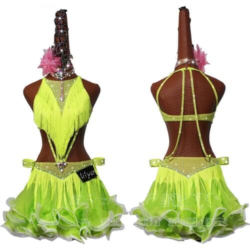 Latin Dance Dress Competition Tassel Dress Party Adult Children Dance Clothes Fluorescen Color Curled Dance Skirt Rumba Costume