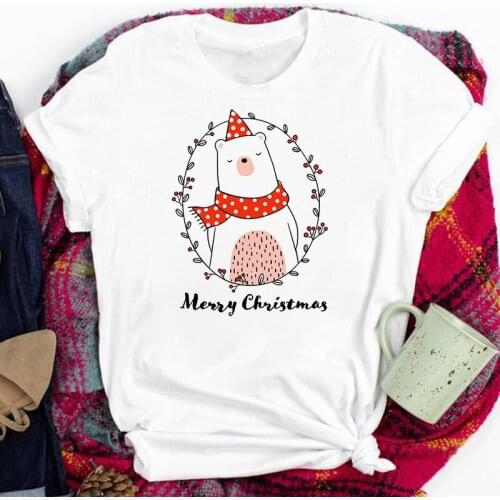 Women Lady Xmas Cartoon Loose T Shirt Clothes White Basic Tshirt Tee Womens Top Female Graphic Print T T-shirt Stylish Round Nec