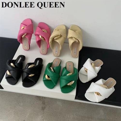 New Fashion Slippers Women Brand Metal Chain Decorated Flat Sandals Casual Shoes Outdoor Slide Beach Flip Flops Size 35-41 Mujer