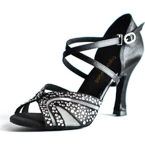 Woman Dance Shoes Rhinestone Latin Salsa Dance Shoes 7cm Black Tango Shoes Women Satin Party Latin Dance Shoes Club Dancing Shoe