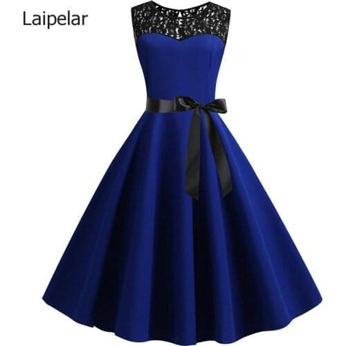 Blue Lace Patchwork Summer Dress Women Elegant Vintage Party Dress Casual Office Ladies Work Dress