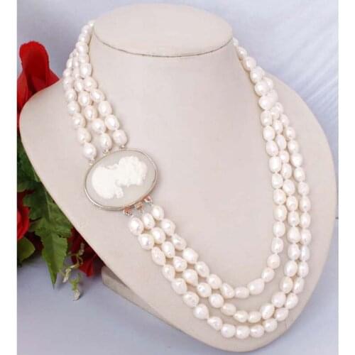 3 Rows White Natural Freshwater Pearl Necklace Shell White Gray Clasp 17-20 Inch DIY Popular Women Vintage Jewelry Making Design