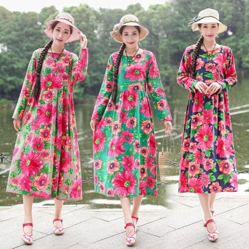 Women 2021 Spring Autumn Fashion Retro Long Sleeve Printing Dress Female Loose Long Dresses Ladies O-neck A-line Vestidos T104