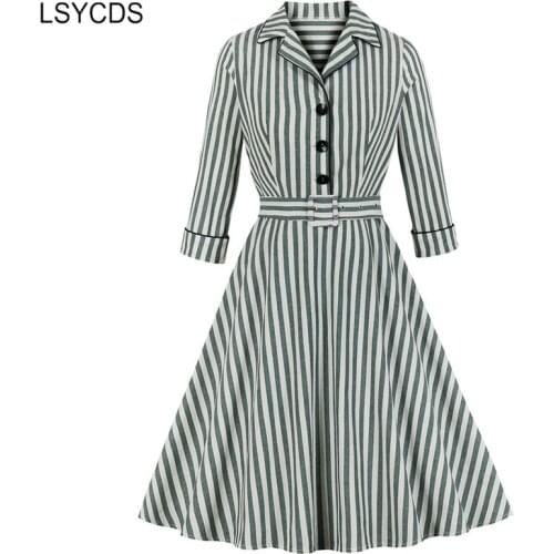 LSYCDS Green Striped Women Vintage Dress Notched Collar Button Up 3/4 Sleeve Autumn Belted Ofiice Flared Dresses