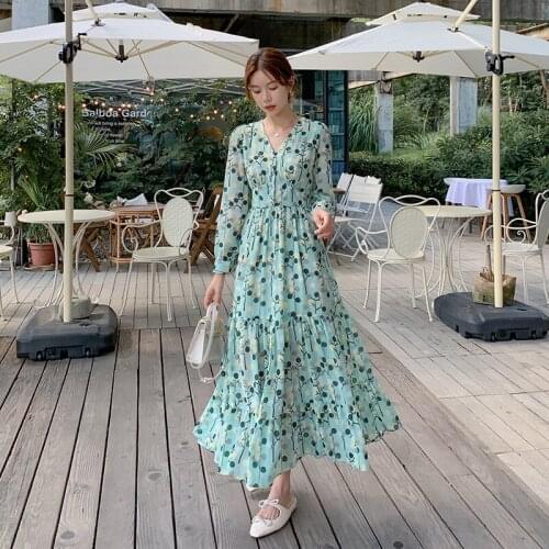 Maxi Chiffon Women Print Dress Autumn Spring Runway 2021 Y2k Korean Fairy Long Sleeve Vintage Elegant Green Party Night Dresses
