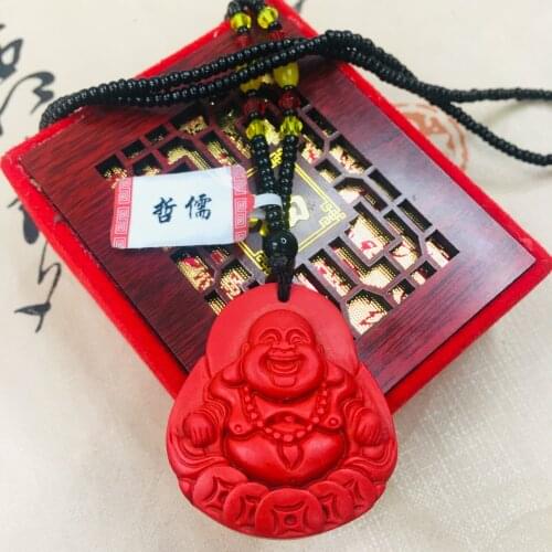 Zheru natural cinnabar carved red laughing Buddha pendant with cinnabar bead necklace men and women sweater chain