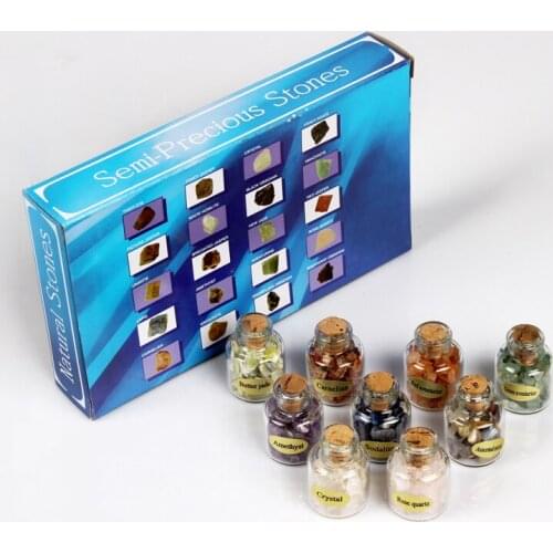 Mix 9pcs Mini Natural Rock Gem Crystal Bottles Wood Stopper Chip Crystal Healing Tumbled Stones Reiki Wicca Stone Collection Set