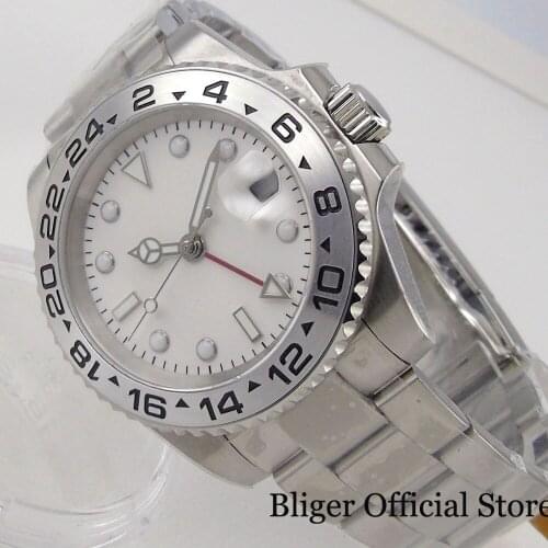 BLIGER 40mm White Mechanical GMT Men Watch Date Display Brushed Oyster Band Scredown Crown Grey Steel Insert Flat Spaphire