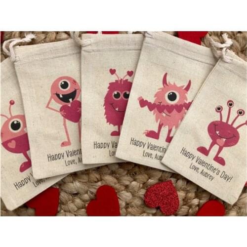 Kids Valentines Day Party Favor Bag custom Monster, Alien Assortment party bag welcome bags birthday muslin gift bag treat bag