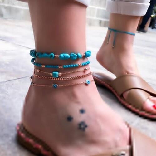 Docona Fashion Blue Broken Stone Anklets for Women Multilayer Adjustable Seed Beaded Anklets Set Bohemia Female Jewelry A03503
